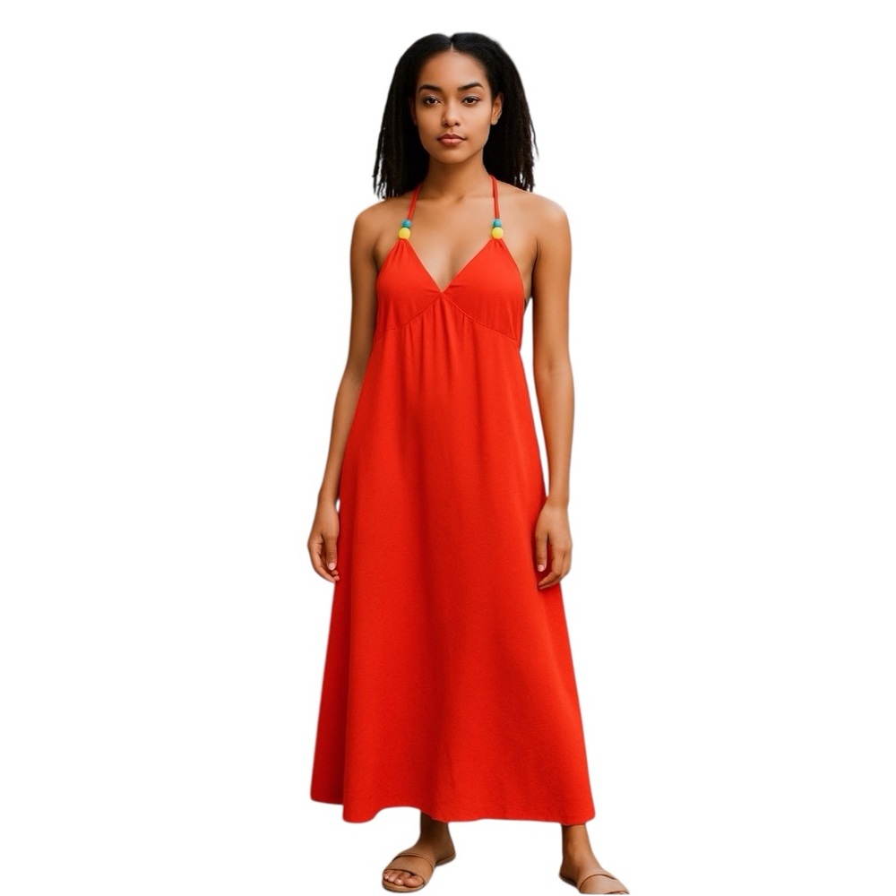 Y2K Boho Spaghetti Strap Orange Long Dress Shelf Bra Wood Beads Sz Small